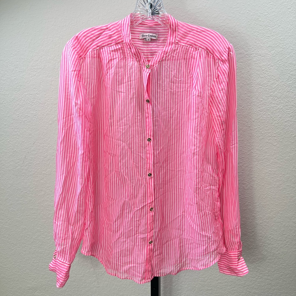 #32 Y2K Juicy Couture Pink White Stripe Silk Blouse Beach Swimsuit Coverup Shirt